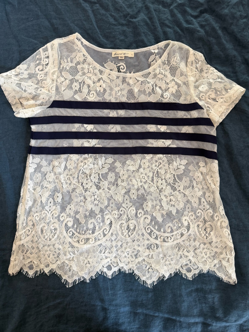 Lace Overlay Short Sleeve Top with Navy Stripe Detail